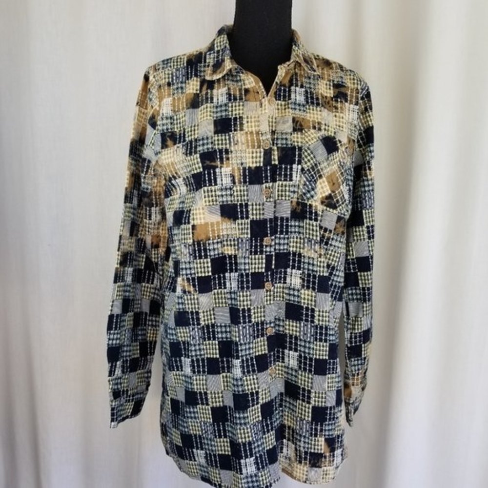 ODDY longsleeve fine wale corduroy button blouse tunic patchwork navy brown M